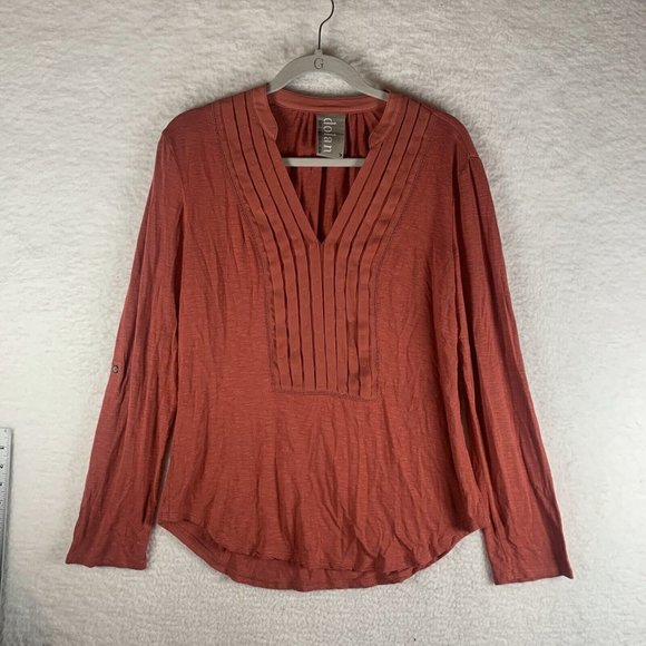 Dolan Blouse Womens M Coral Stretch Split Neck Pleated Roll Tab Long Sleeve 7646 - Picture 1 of 8